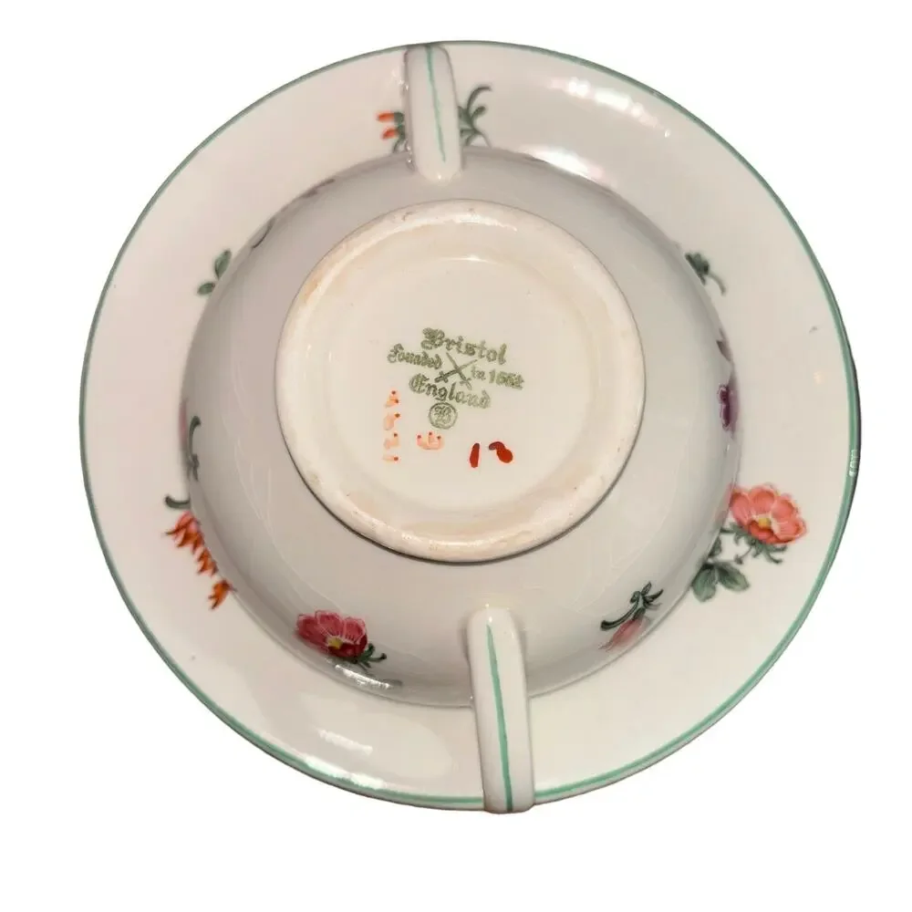 Bristol England Vintage Pair 2 Handle Bowl  & Saucer Floral Pattern Reproduction
